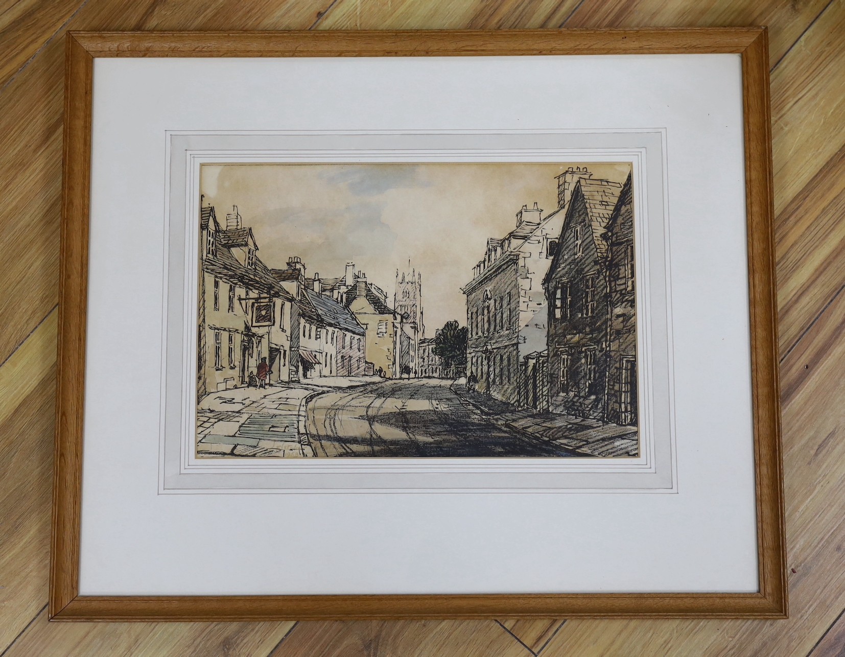 James Fletcher-Watson (1913-2004), ink and watercolour, 'Cotswold Town (Gloucester Street, Cirencester), signed and dated 1958, label verso, 24 x 35cm